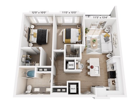 Floor plan for 2 beds, 1 bath, 924 sqft